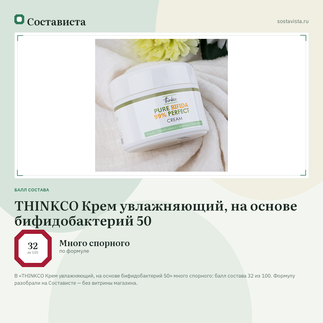 THINKCO Крем увлажняющий, на основе бифидобактерий 50: балл состава 32 из 100 — Состависта