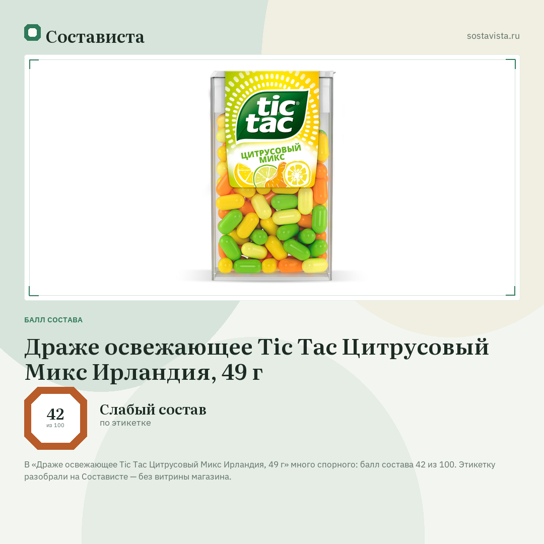 Драже освежающее Tic Tac Цитрусовый Микс Ирландия, 49 г: балл состава 42 из 100 — Состависта