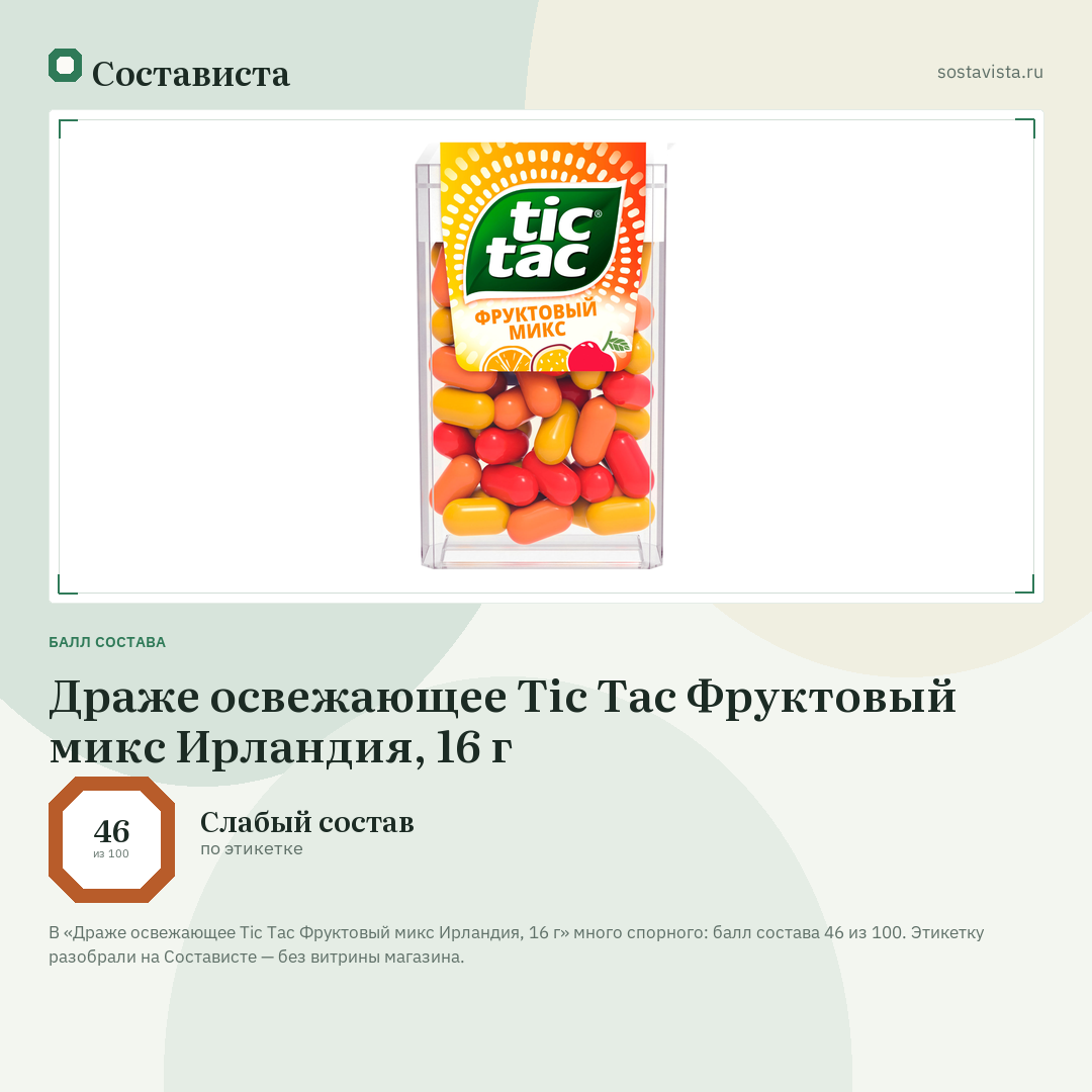 Драже освежающее Tic Tac Фруктовый микс Ирландия, 16 г: балл состава 46 из 100 — Состависта