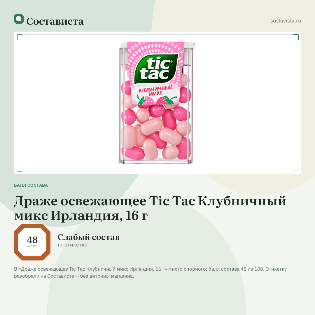 Драже освежающее Tic Tac Клубничный микс Ирландия, 16 г: балл состава 48 из 100 — Состависта