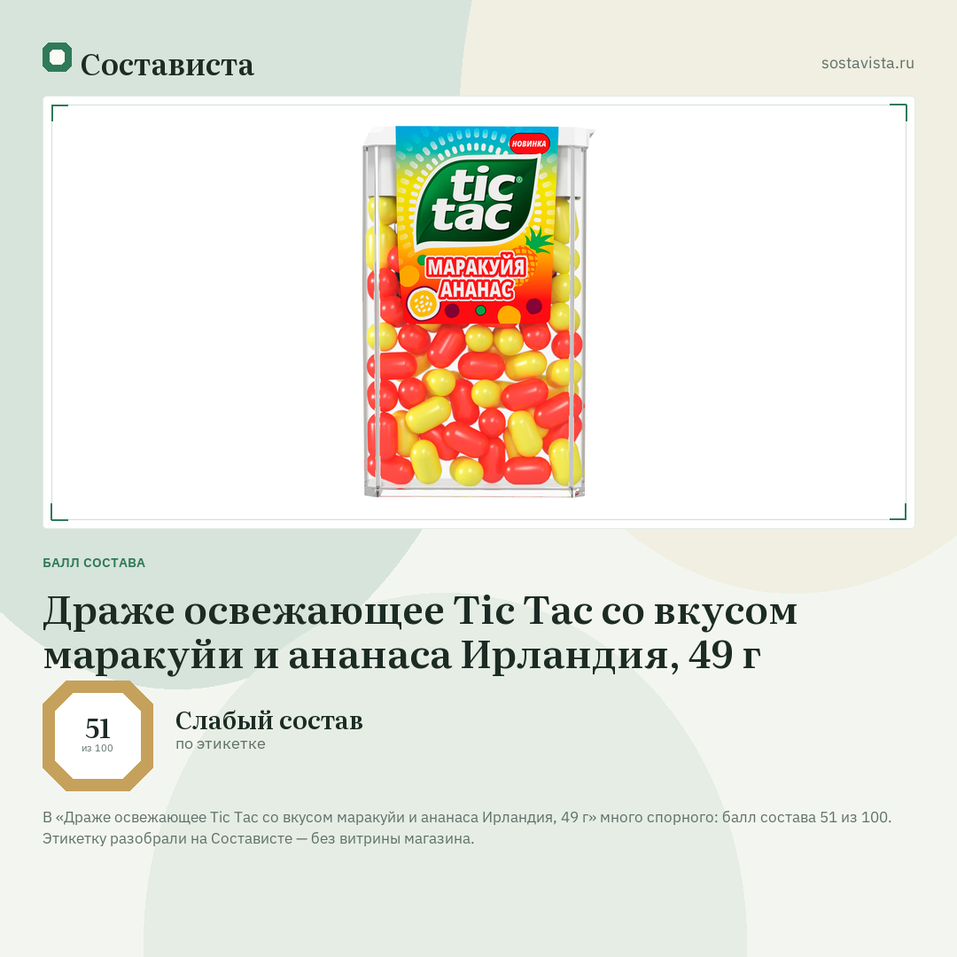 Драже освежающее Tic Tac со вкусом маракуйи и ананаса Ирландия, 49 г: балл состава 51 из 100 — Состависта