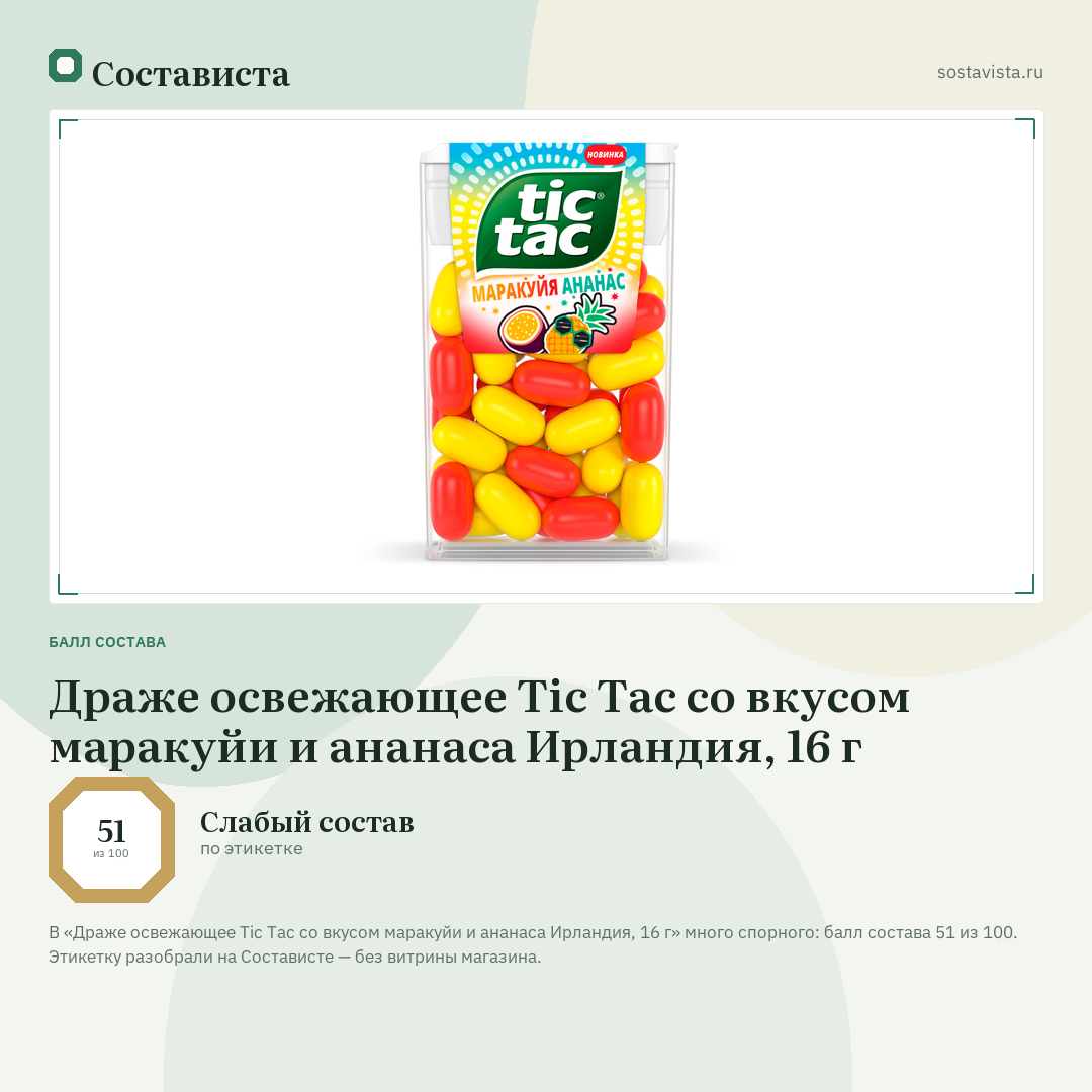 Драже освежающее Tic Tac со вкусом маракуйи и ананаса Ирландия, 16 г: балл состава 51 из 100 — Состависта