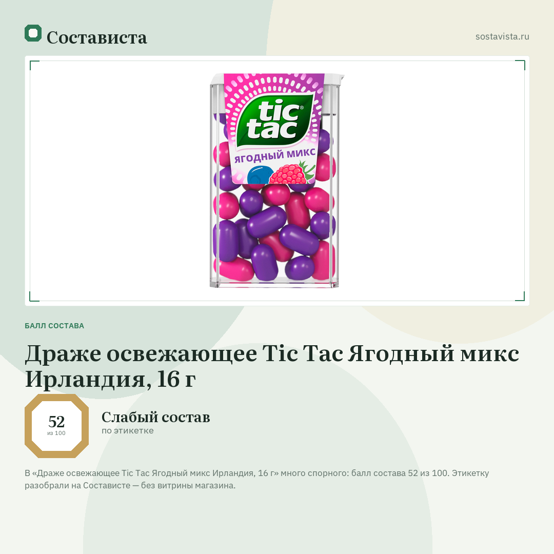 Драже освежающее Tic Tac Ягодный микс Ирландия, 16 г: балл состава 52 из 100 — Состависта