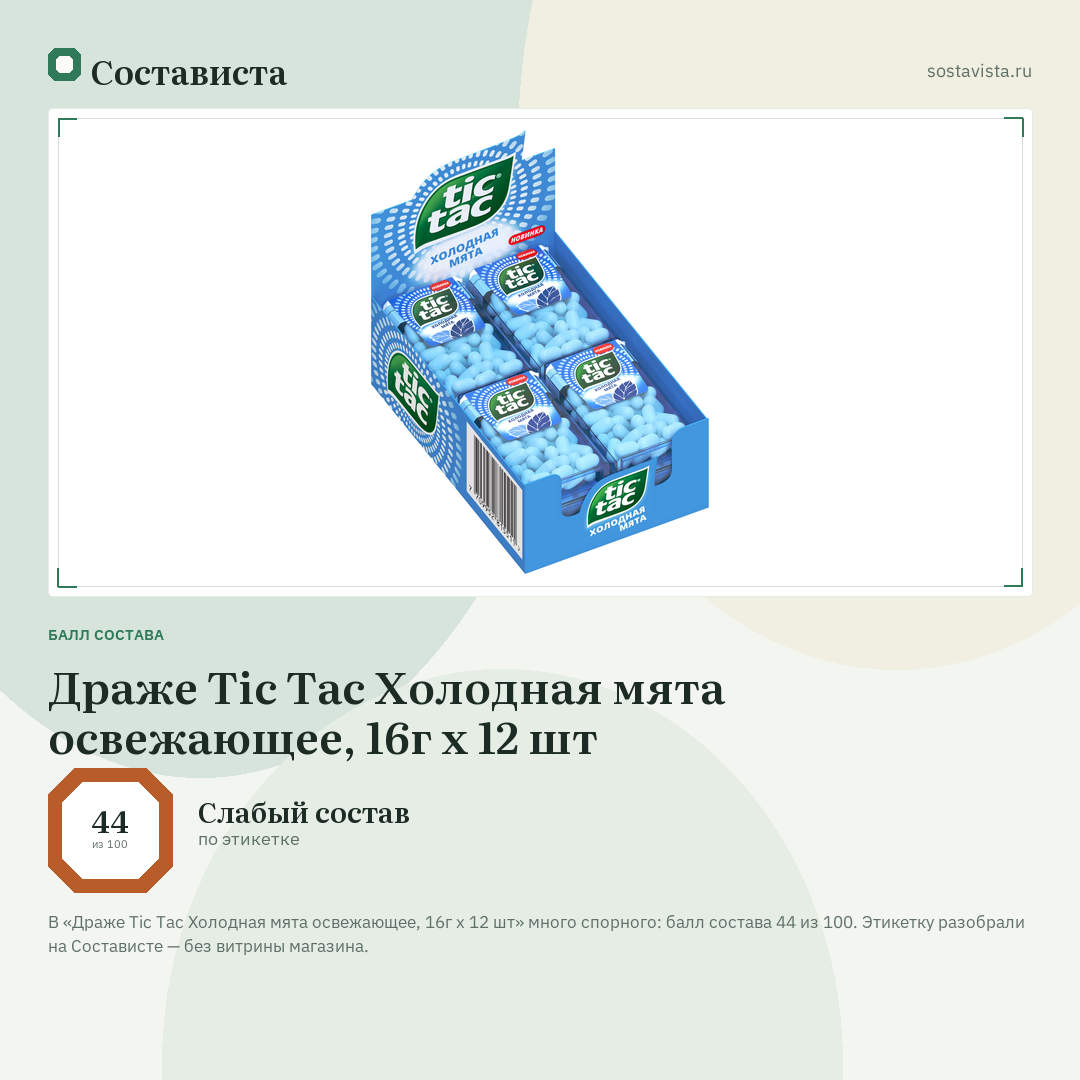 Драже Tic Tac Холодная мята освежающее, 16г x 12 шт: балл состава 44 из 100 — Состависта