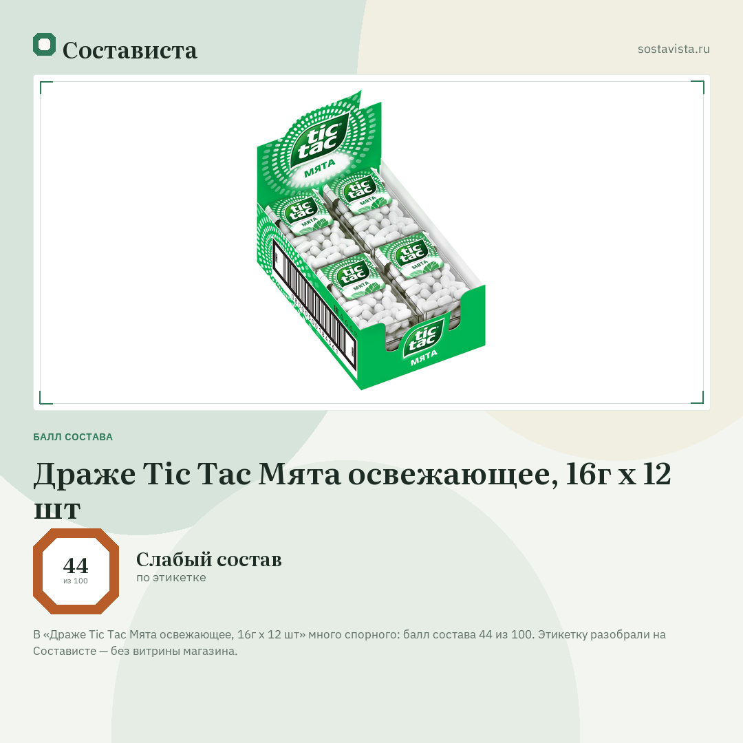 Драже Tic Tac Мята освежающее, 16г x 12 шт: балл состава 44 из 100 — Состависта