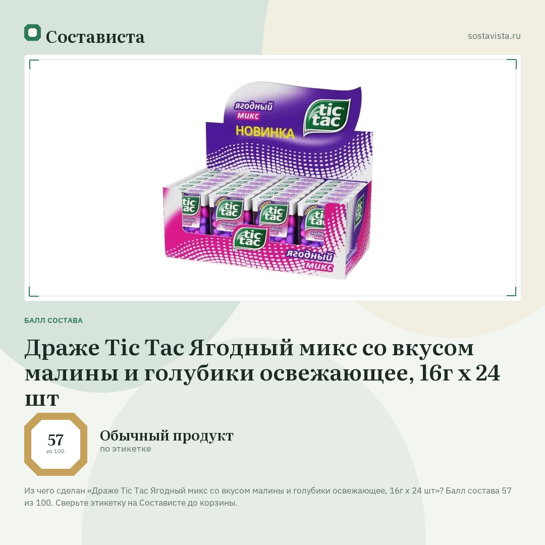 Драже Tic Tac Ягодный микс со вкусом малины и голубики освежающее, 16г x 24 шт: балл состава 57 из 100 — Состависта