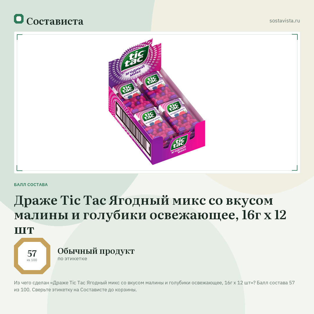 Драже Tic Tac Ягодный микс со вкусом малины и голубики освежающее, 16г х 12 шт: балл состава 57 из 100 — Состависта