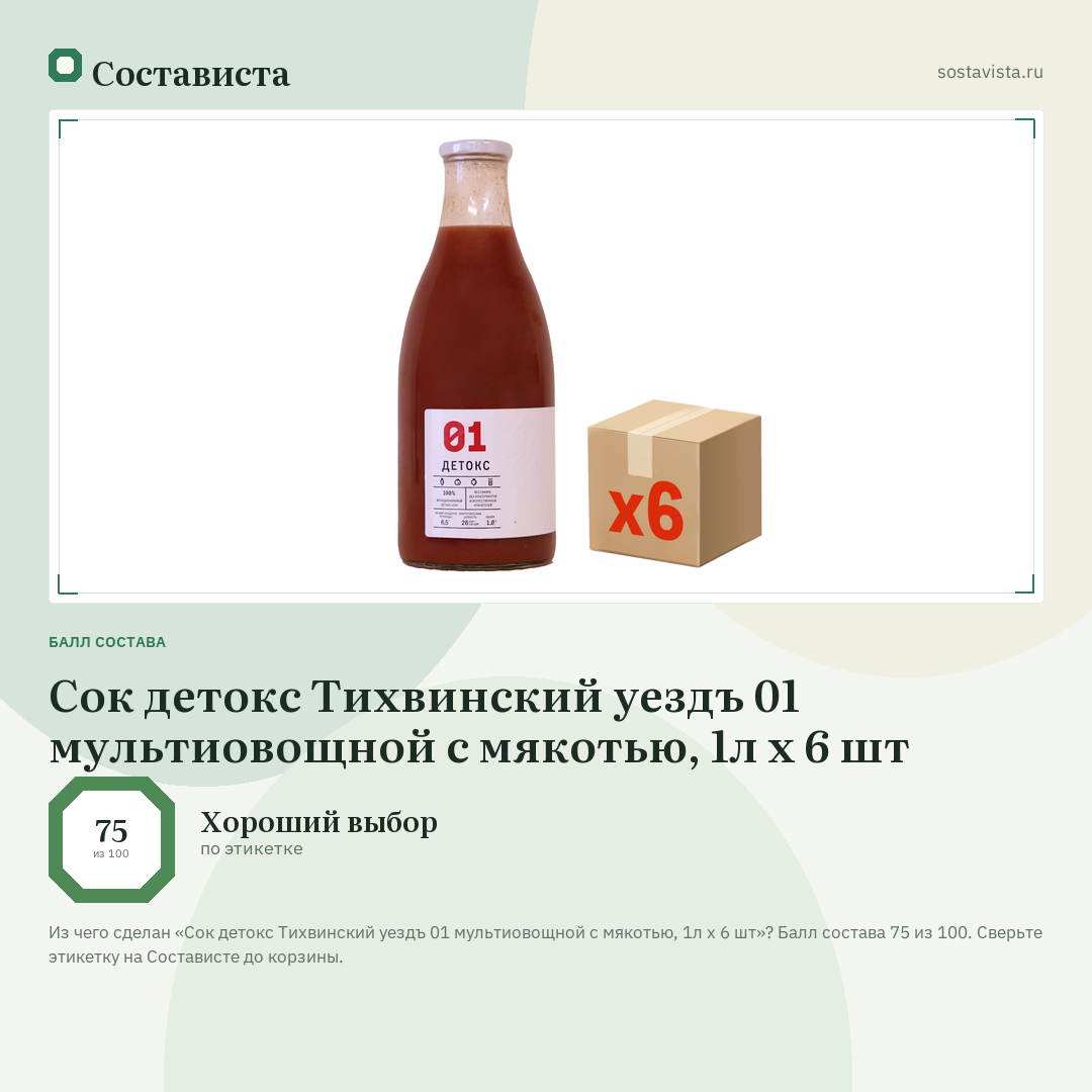 Сок детокс Тихвинский уездъ 01 мультиовощной с мякотью, 1л x 6 шт: балл состава 75 из 100 — Состависта