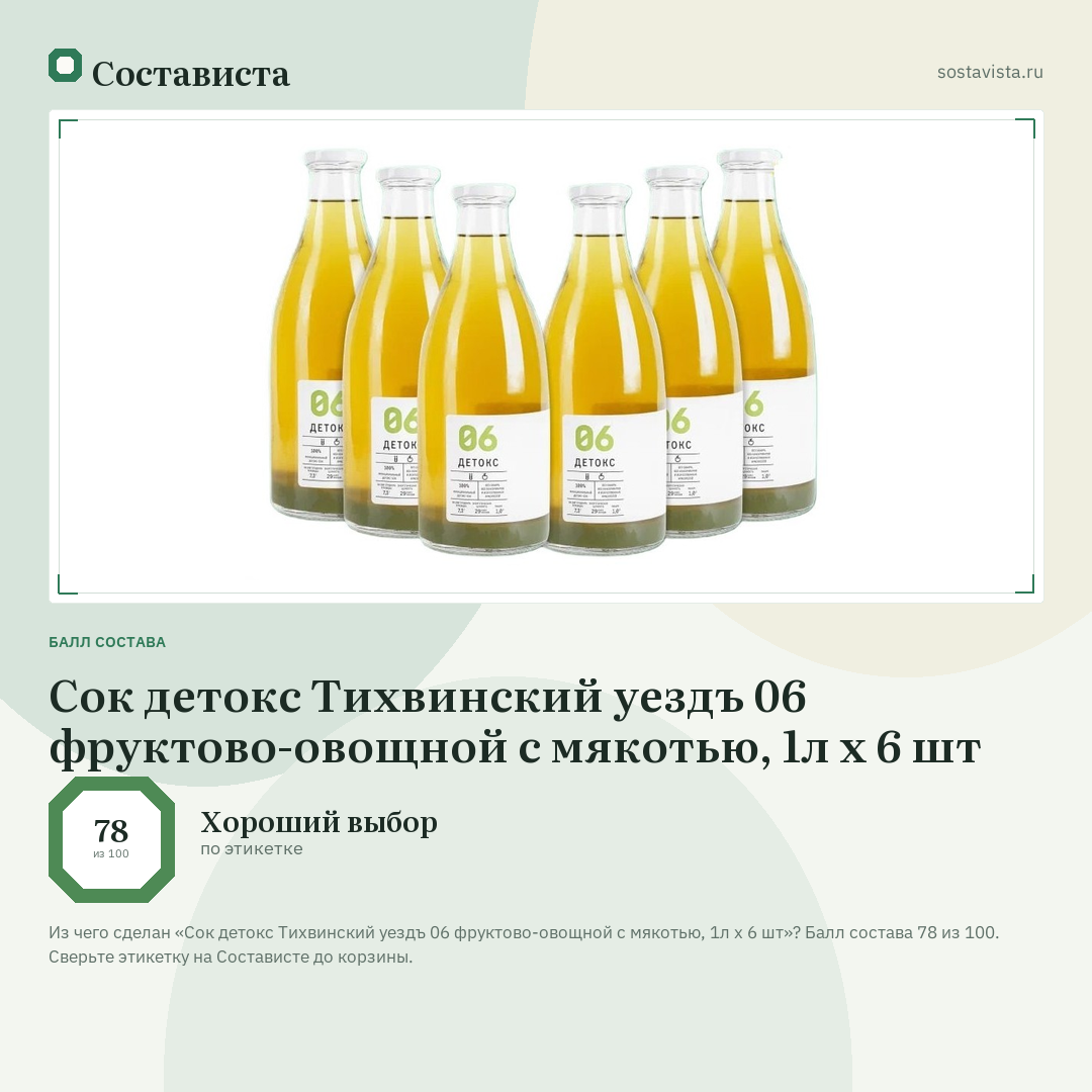 Сок детокс Тихвинский уездъ 06 фруктово-овощной с мякотью, 1л x 6 шт: балл состава 78 из 100 — Состависта