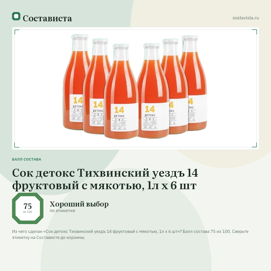 Сок детокс Тихвинский уездъ 14 фруктовый с мякотью, 1л x 6 шт: балл состава 75 из 100 — Состависта