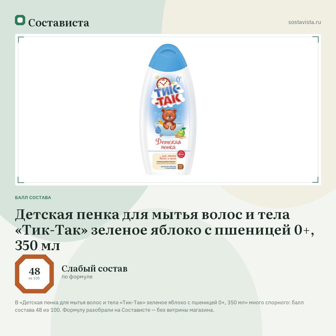 Детская пенка для мытья волос и тела «Тик-Так» зеленое яблоко с пшеницей 0+, 350 мл: балл состава 48 из 100 — Состависта