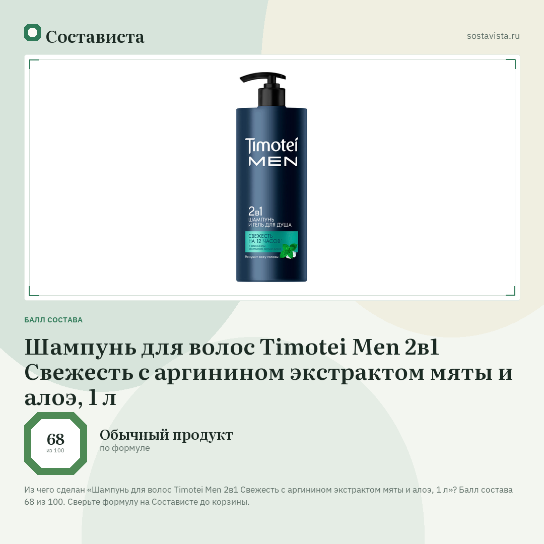 Шампунь для волос Timotei Men 2в1 Свежесть с аргинином экстрактом мяты и алоэ, 1 л: балл состава 68 из 100 — Состависта