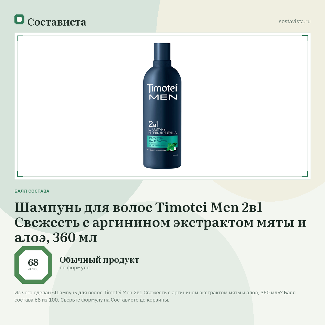 Шампунь для волос Timotei Men 2в1 Свежесть с аргинином экстрактом мяты и алоэ, 360 мл: балл состава 68 из 100 — Состависта