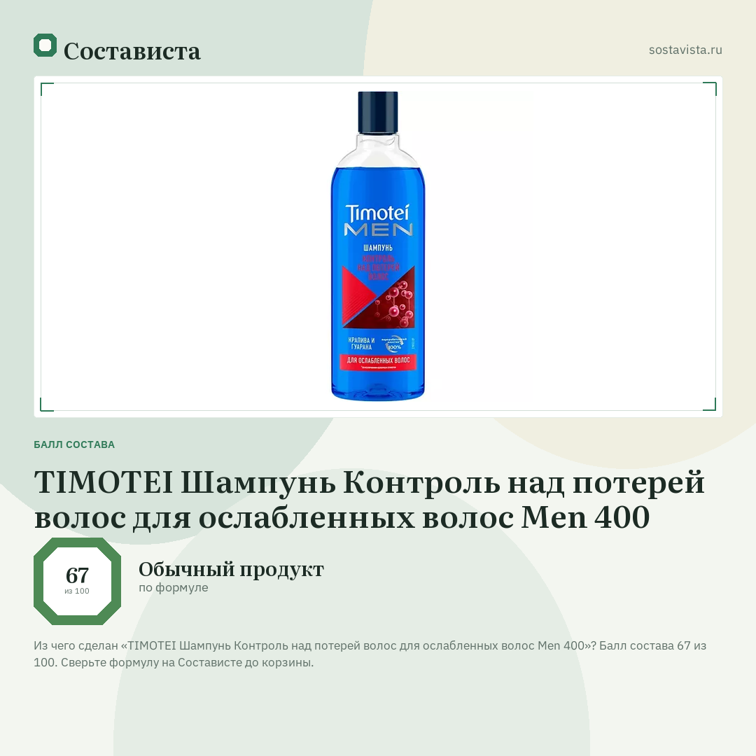 TIMOTEI Шампунь Контроль над потерей волос для ослабленных волос Men 400: балл состава 67 из 100 — Состависта