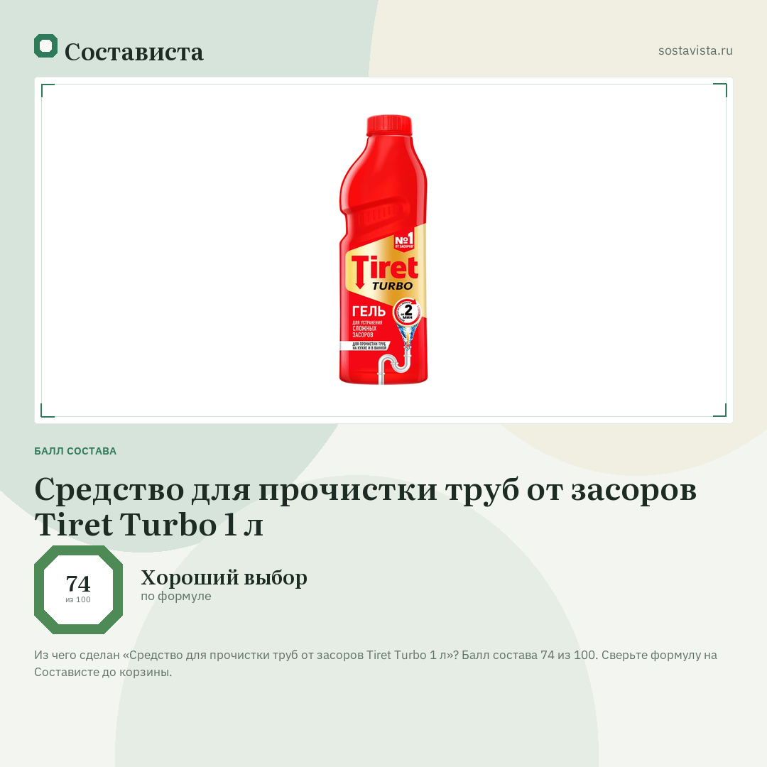 Средство для прочистки труб от засоров Tiret Turbo 1 л: балл состава 74 из 100 — Состависта