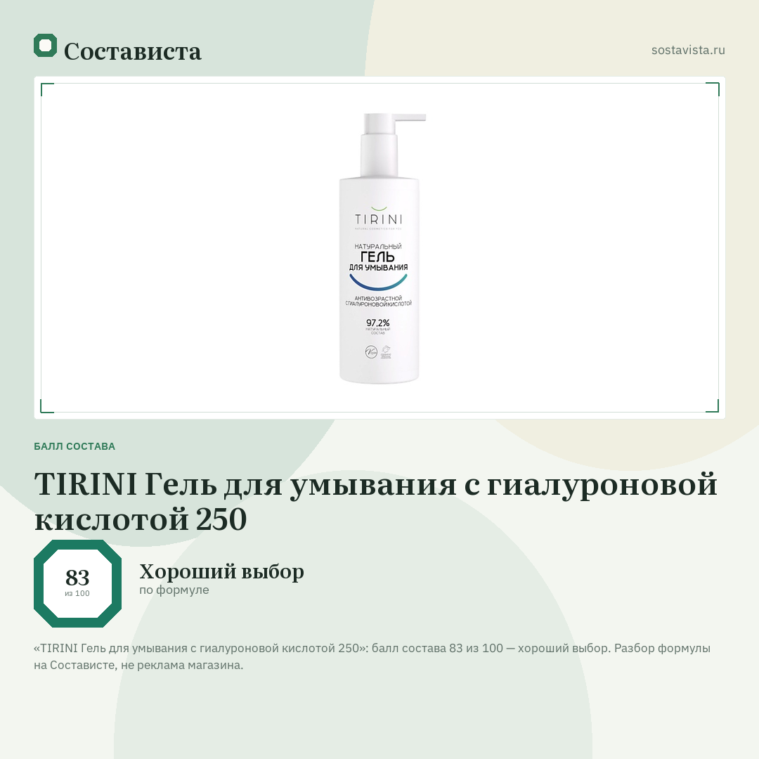 TIRINI Гель для умывания с гиалуроновой кислотой 250: балл состава 83 из 100 — Состависта