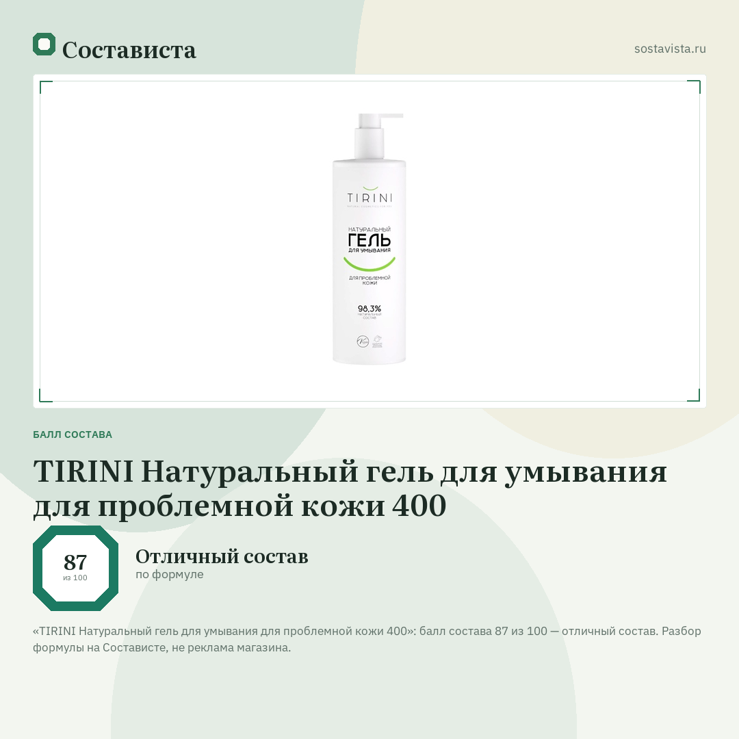 TIRINI Натуральный гель для умывания для проблемной кожи 400: балл состава 87 из 100 — Состависта