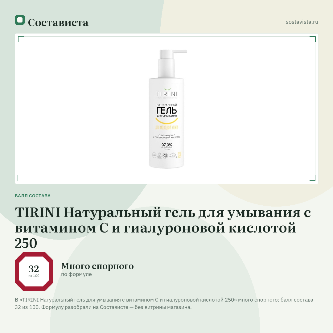 TIRINI Натуральный гель для умывания с витамином С и гиалуроновой кислотой 250: балл состава 32 из 100 — Состависта