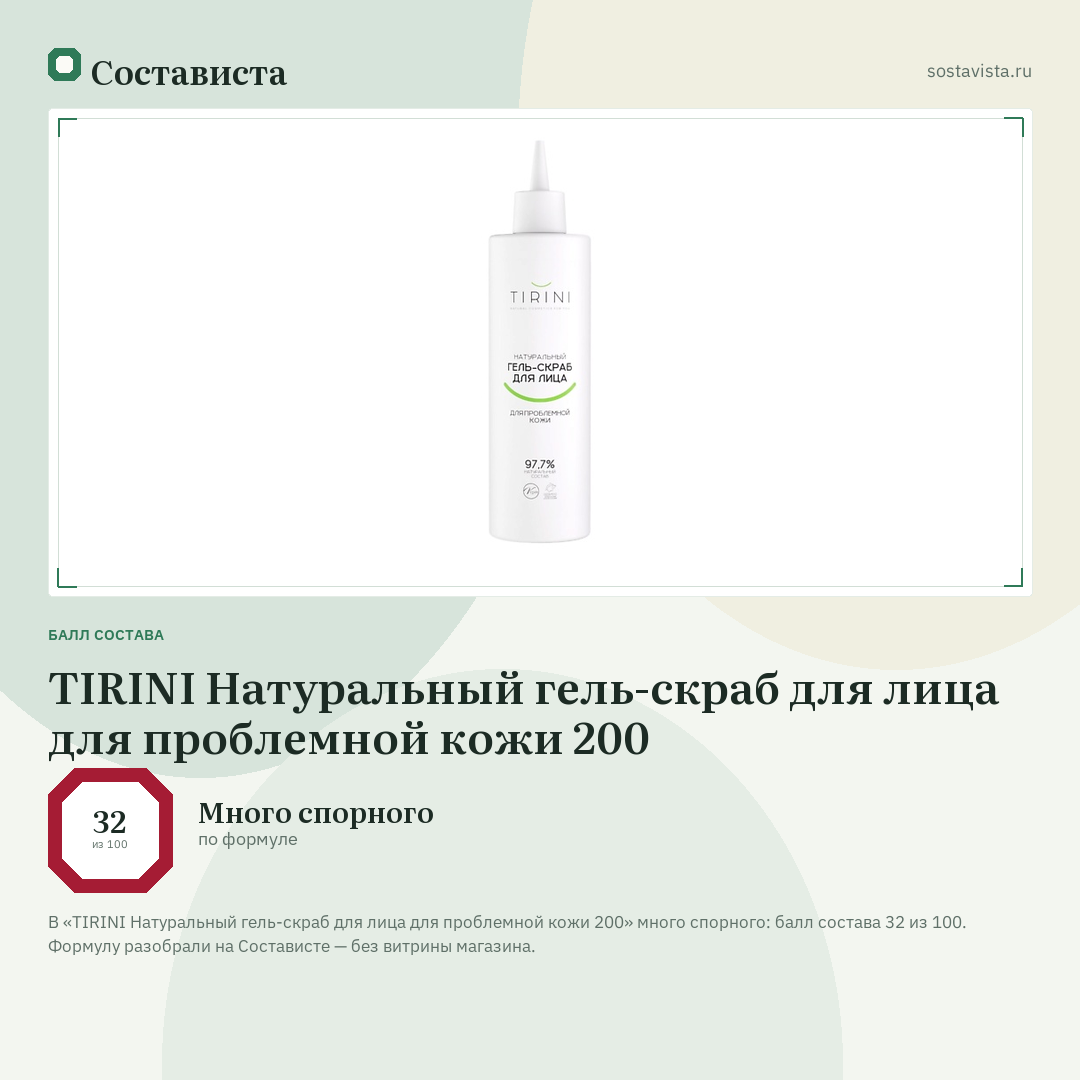 TIRINI Натуральный гель-скраб для лица для проблемной кожи 200: балл состава 32 из 100 — Состависта