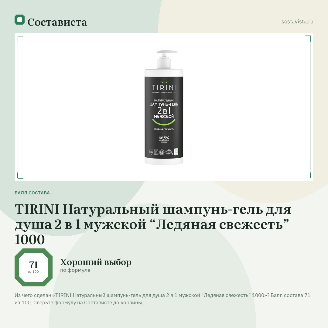 TIRINI Натуральный шампунь-гель для душа 2 в 1 мужской “Ледяная свежесть” 1000: балл состава 71 из 100 — Состависта