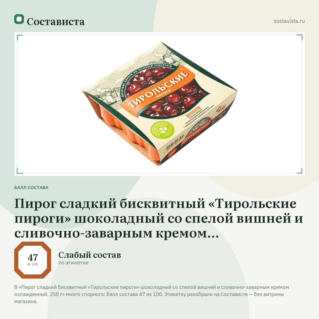 Пирог сладкий бисквитный «Тирольские пироги» шоколадный со спелой вишней и сливочно-заварным кремом охлажденный, 250 г: балл состава 47 из 100 — Состависта