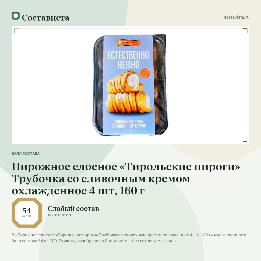 Пирожное слоеное «Тирольские пироги» Трубочка со сливочным кремом охлажденное 4 шт, 160 г: балл состава 54 из 100 — Состависта