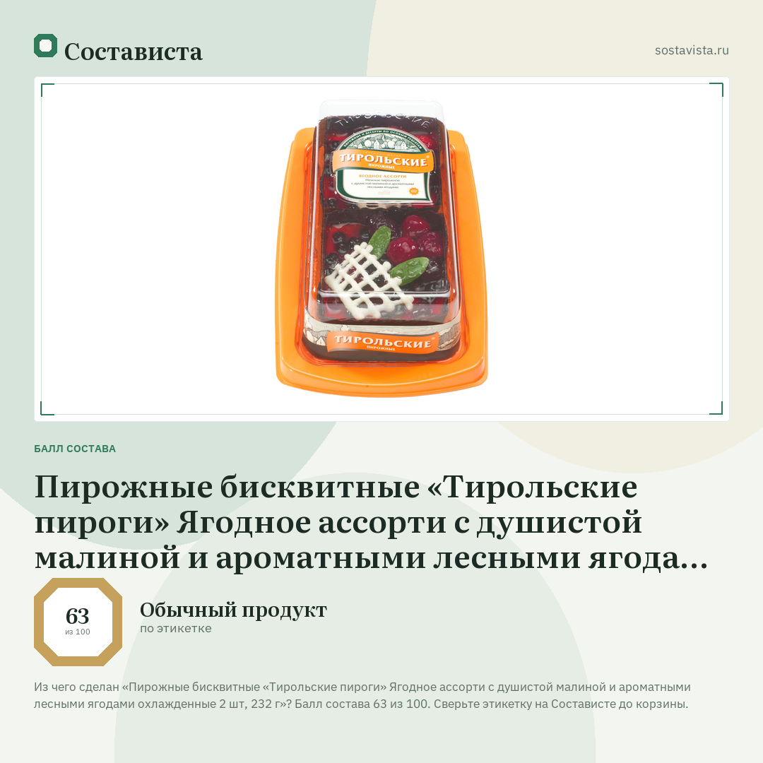 Пирожные бисквитные «Тирольские пироги» Ягодное ассорти с душистой малиной и ароматными лесными ягодами охлажденные 2 шт, 232 г: балл состава 63 из 100 — Состависта