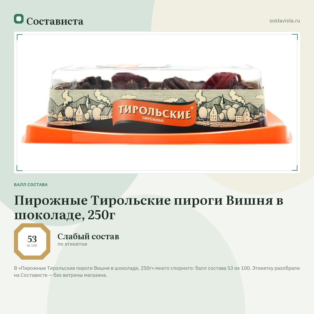 Пирожные Тирольские пироги Вишня в шоколаде, 250г: балл состава 53 из 100 — Состависта