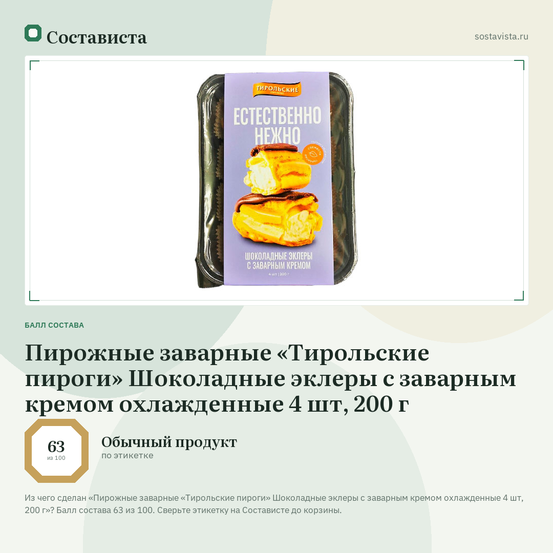 Пирожные заварные «Тирольские пироги» Шоколадные эклеры с заварным кремом охлажденные 4 шт, 200 г: балл состава 63 из 100 — Состависта