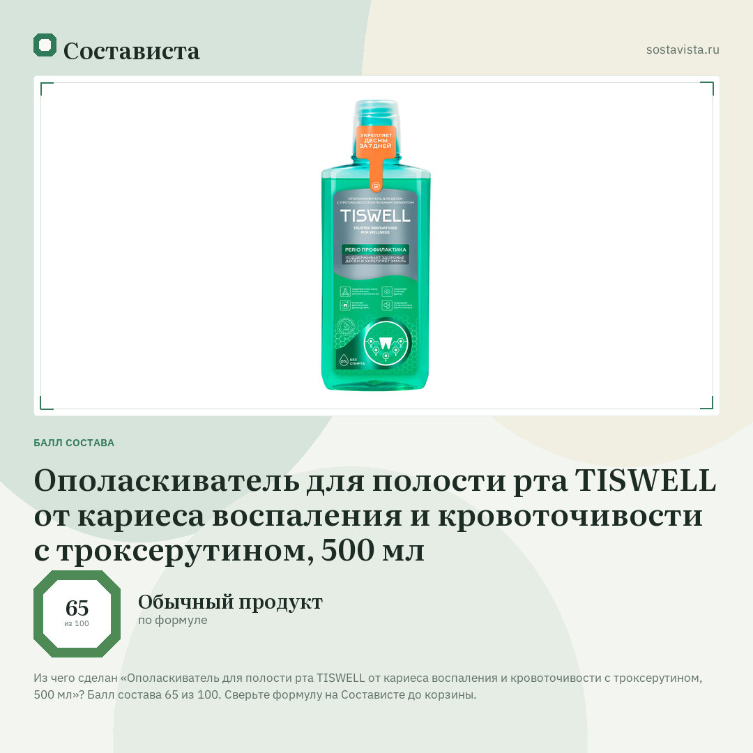 Ополаскиватель для полости рта TISWELL от кариеса воспаления и кровоточивости с троксерутином, 500 мл: балл состава 65 из 100 — Состависта