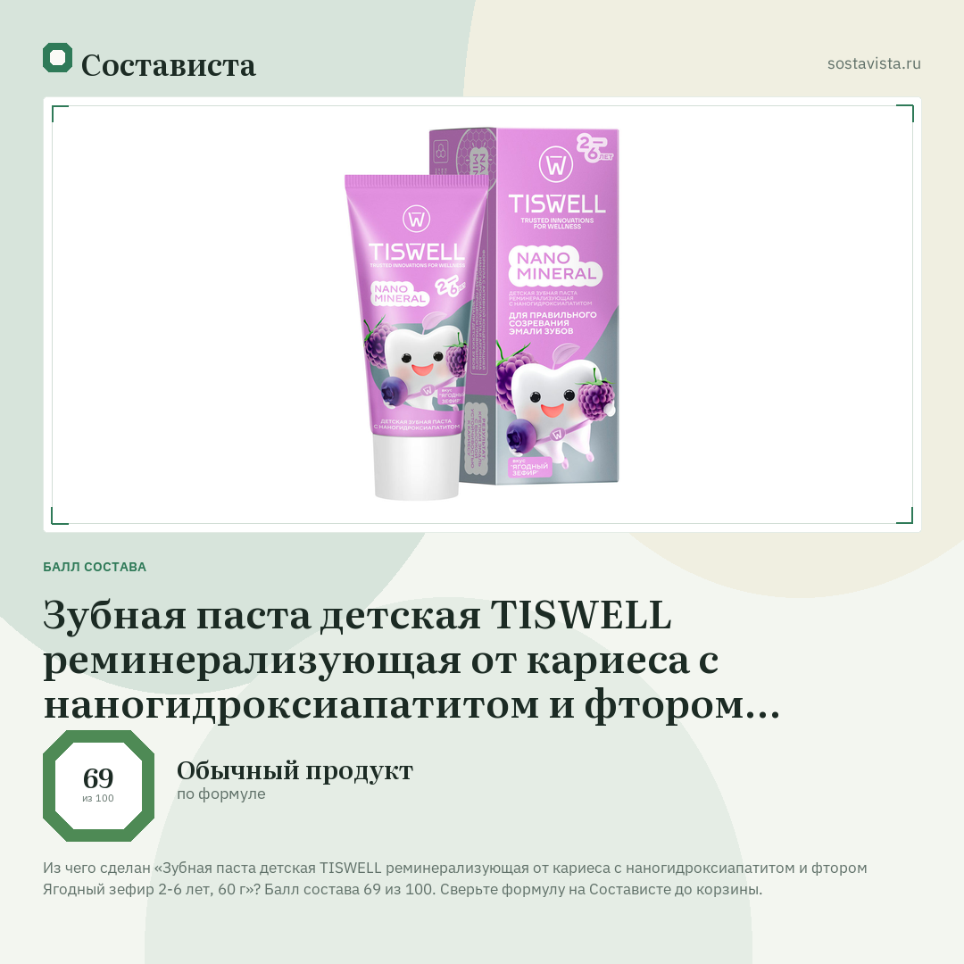 Зубная паста детская TISWELL реминерализующая от кариеса с наногидроксиапатитом и фтором Ягодный зефир 2-6 лет, 60 г: балл состава 69 из 100 — Состависта