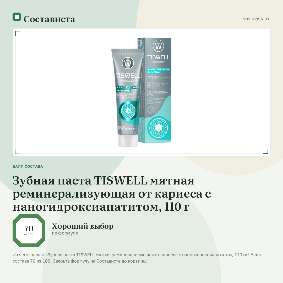 Зубная паста TISWELL мятная реминерализующая от кариеса с наногидроксиапатитом, 110 г: балл состава 70 из 100 — Состависта