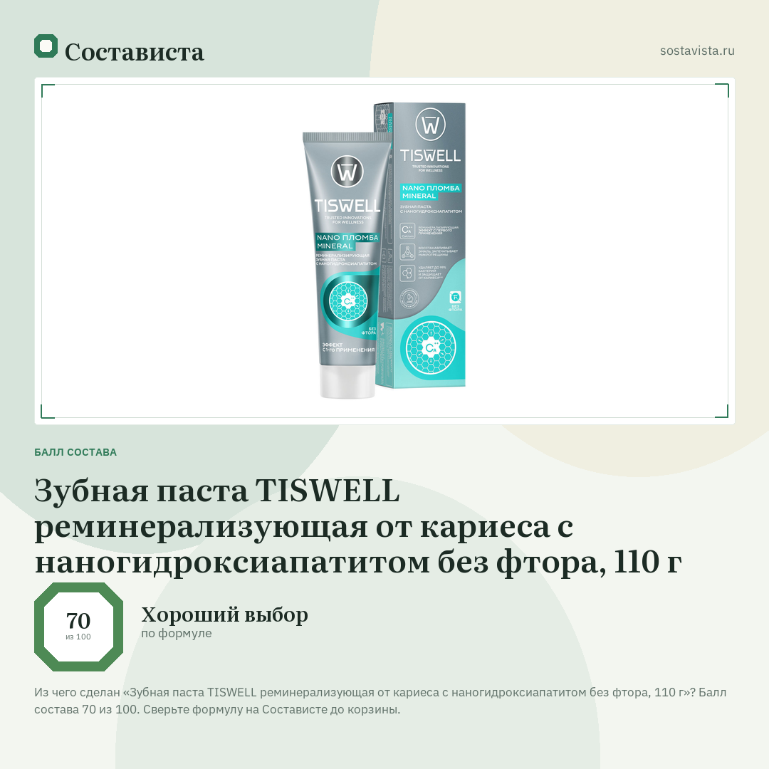 Зубная паста TISWELL реминерализующая от кариеса с наногидроксиапатитом без фтора, 110 г: балл состава 70 из 100 — Состависта