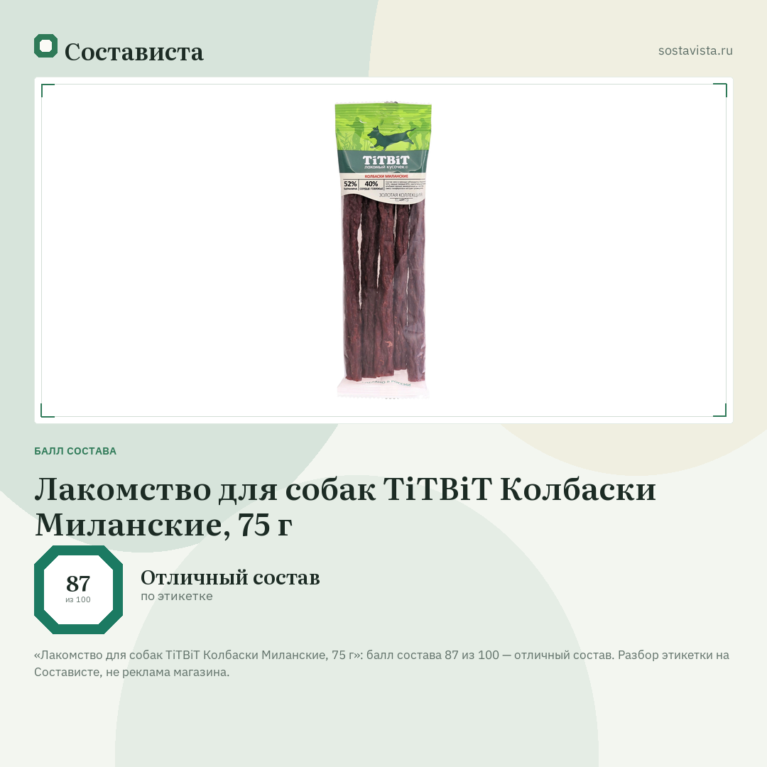 Лакомство для собак TiTBiT Колбаски Миланские, 75 г: балл состава 87 из 100 — Состависта