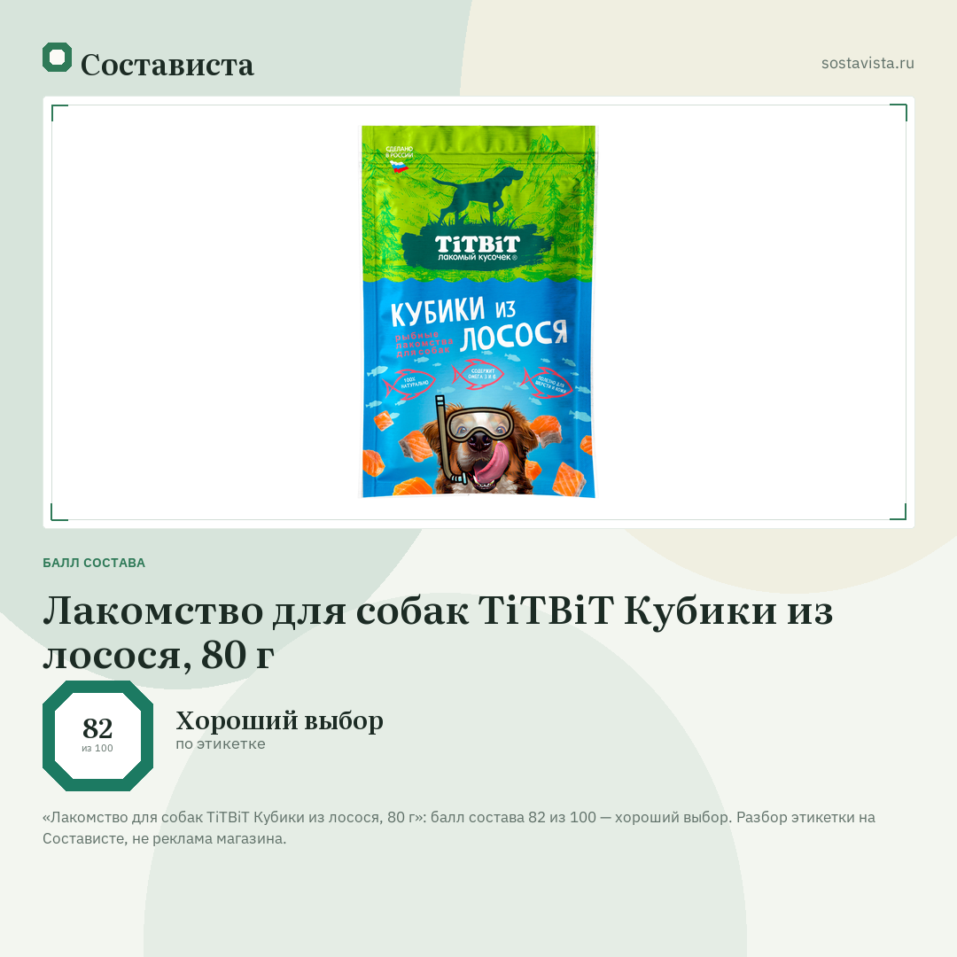 Лакомство для собак TiTBiT Кубики из лосося, 80 г: балл состава 82 из 100 — Состависта