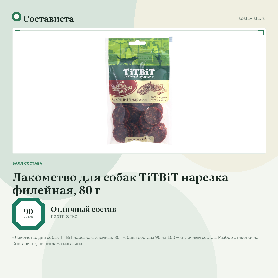 Лакомство для собак TiTBiT нарезка филейная, 80 г: балл состава 90 из 100 — Состависта