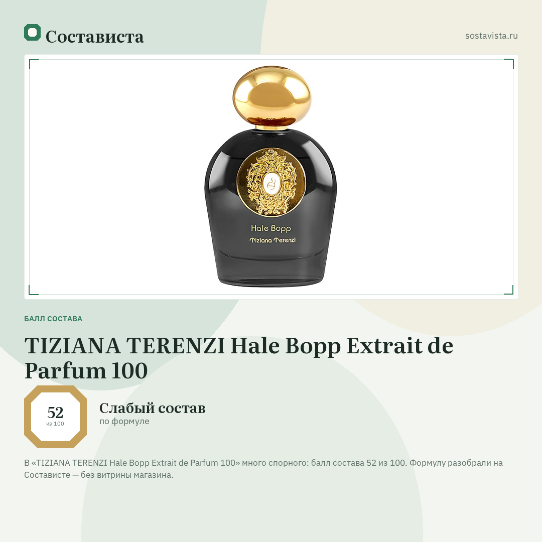 TIZIANA TERENZI Hale Bopp Extrait de Parfum 100: балл состава 52 из 100 — Состависта