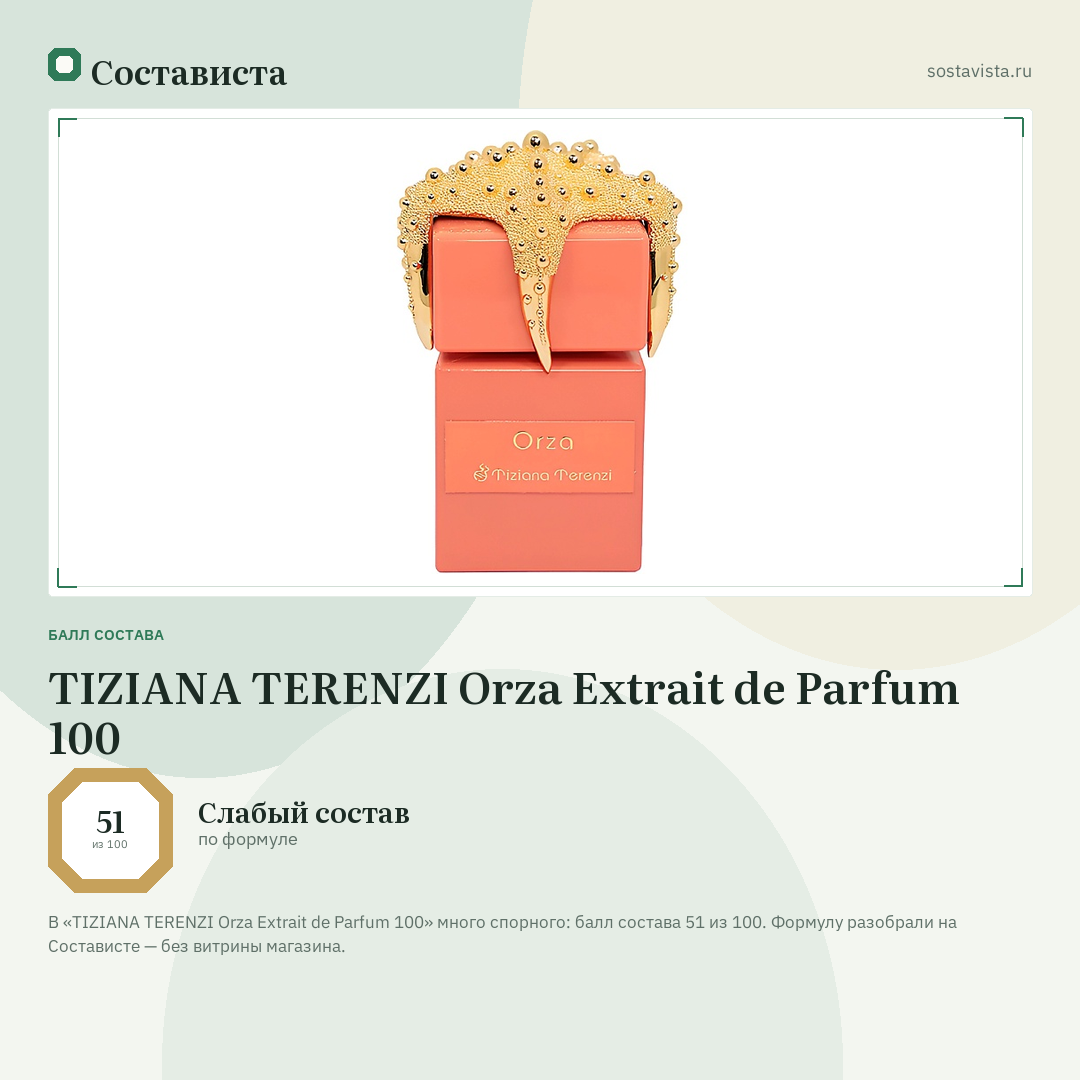 TIZIANA TERENZI Orza Extrait de Parfum 100: балл состава 51 из 100 — Состависта