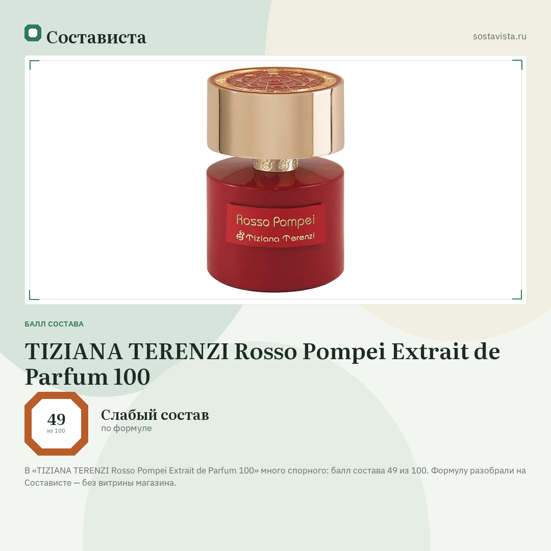TIZIANA TERENZI Rosso Pompei Extrait de Parfum 100: балл состава 49 из 100 — Состависта