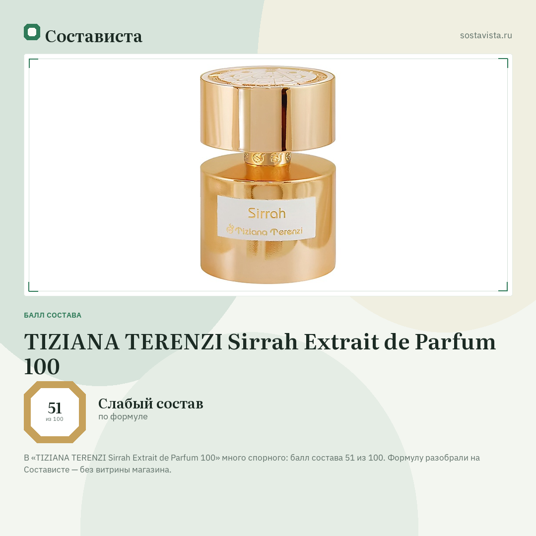 TIZIANA TERENZI Sirrah Extrait de Parfum 100: балл состава 51 из 100 — Состависта