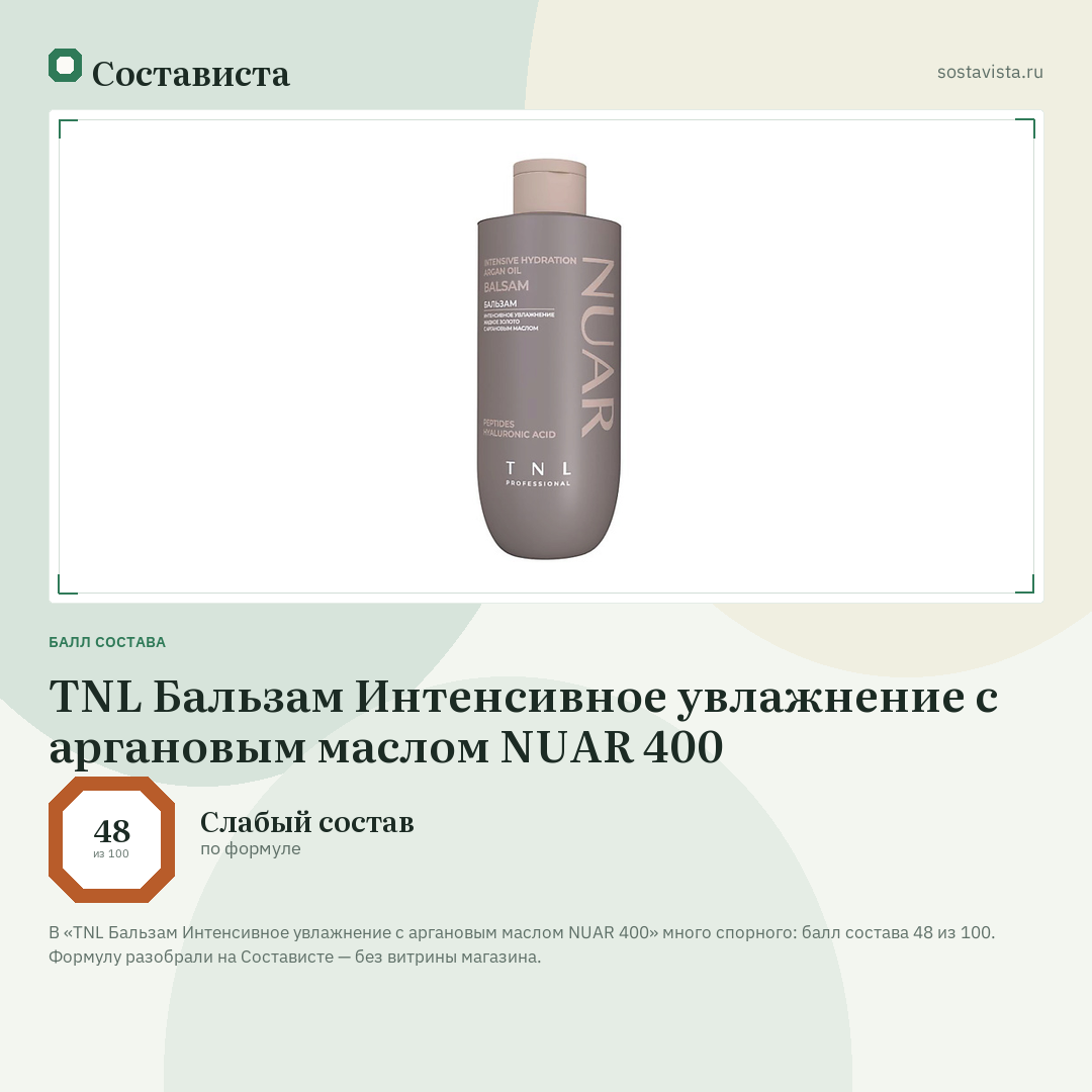 TNL Бальзам Интенсивное увлажнение с аргановым маслом NUAR 400: балл состава 48 из 100 — Состависта