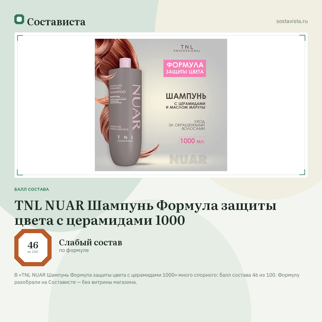 TNL NUAR Шампунь Формула защиты цвета с церамидами 1000: балл состава 46 из 100 — Состависта