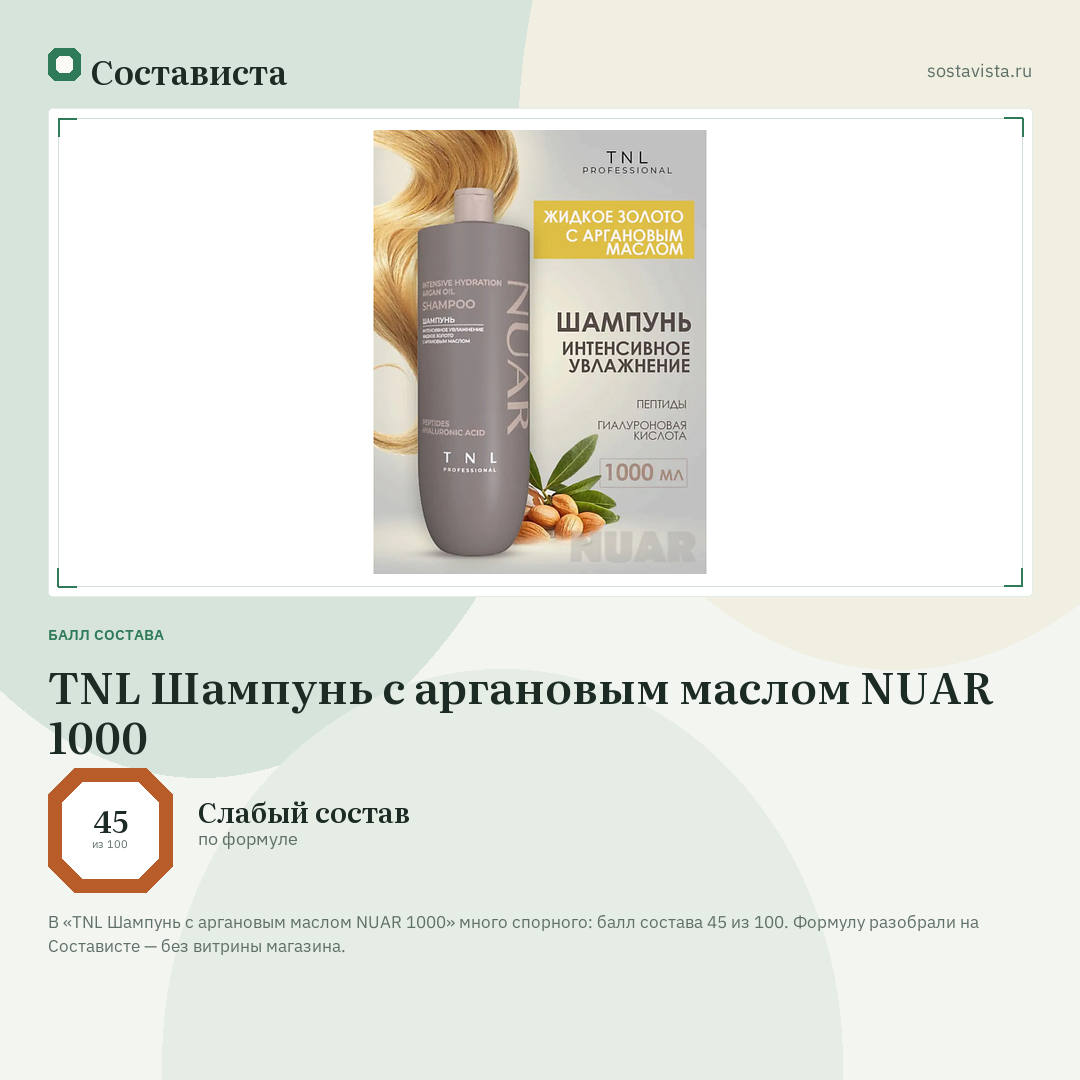 TNL Шампунь с аргановым маслом NUAR 1000: балл состава 45 из 100 — Состависта