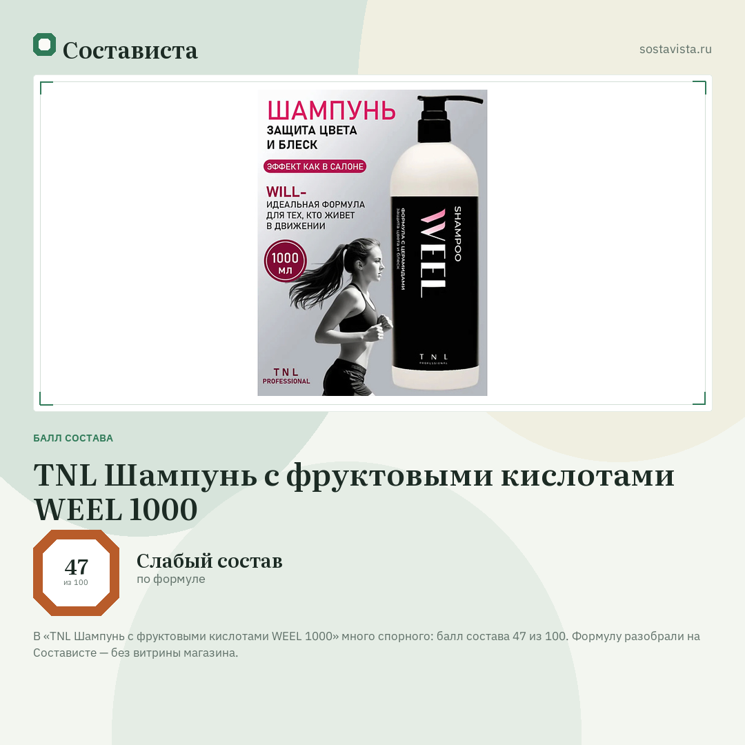 TNL Шампунь с фруктовыми кислотами WEEL 1000: балл состава 47 из 100 — Состависта