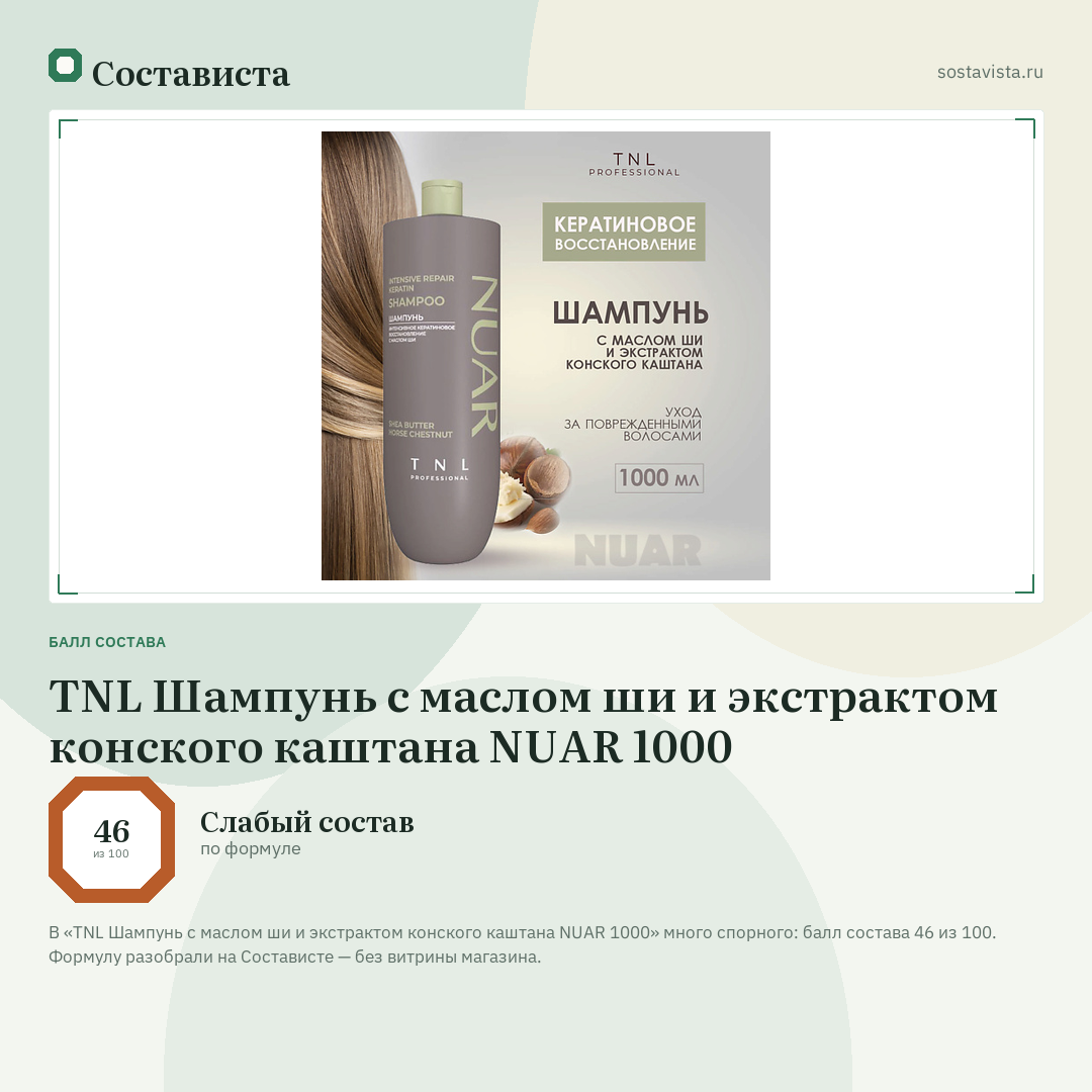 TNL Шампунь с маслом ши и экстрактом конского каштана NUAR 1000: балл состава 46 из 100 — Состависта