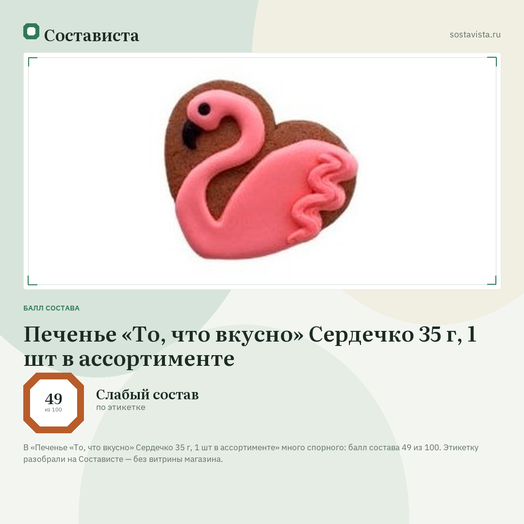 Печенье «То, что вкусно» Сердечко 35 г, 1 шт в ассортименте: балл состава 49 из 100 — Состависта