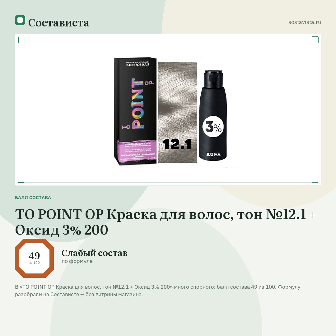 TO POINT OP Краска для волос, тон №12.1 + Оксид 3% 200: балл состава 49 из 100 — Состависта