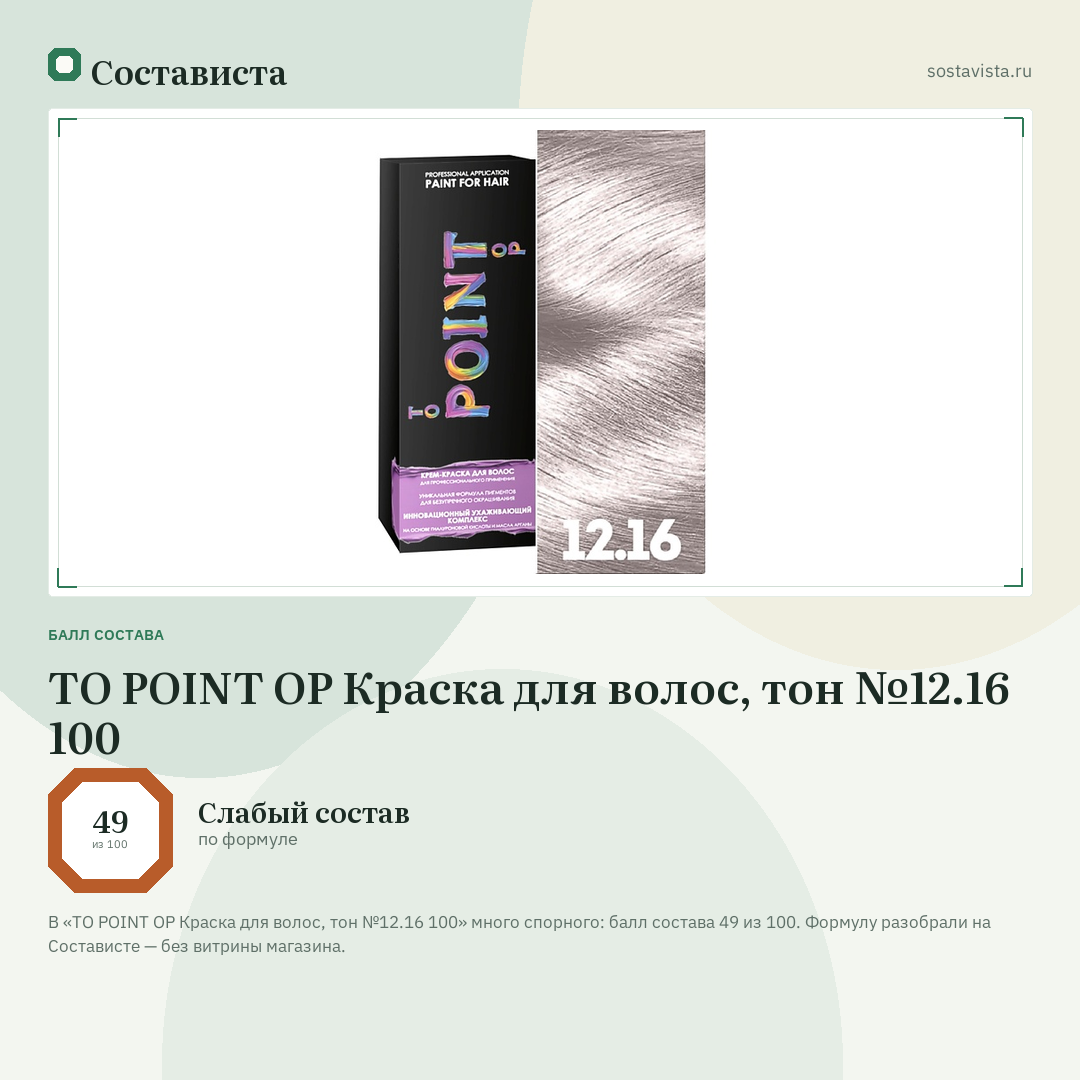TO POINT OP Краска для волос, тон №12.16 100: балл состава 49 из 100 — Состависта