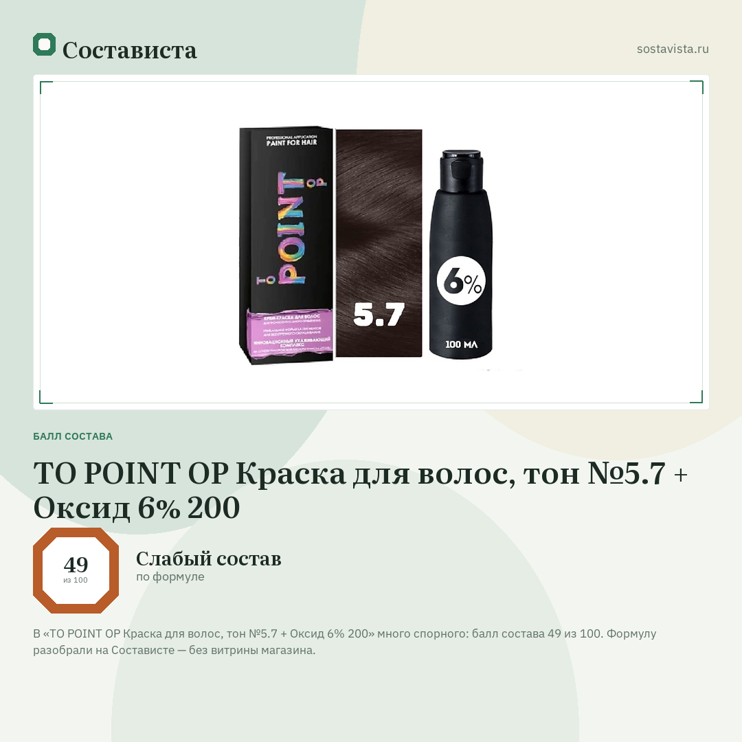TO POINT OP Краска для волос, тон №5.7 + Оксид 6% 200: балл состава 49 из 100 — Состависта