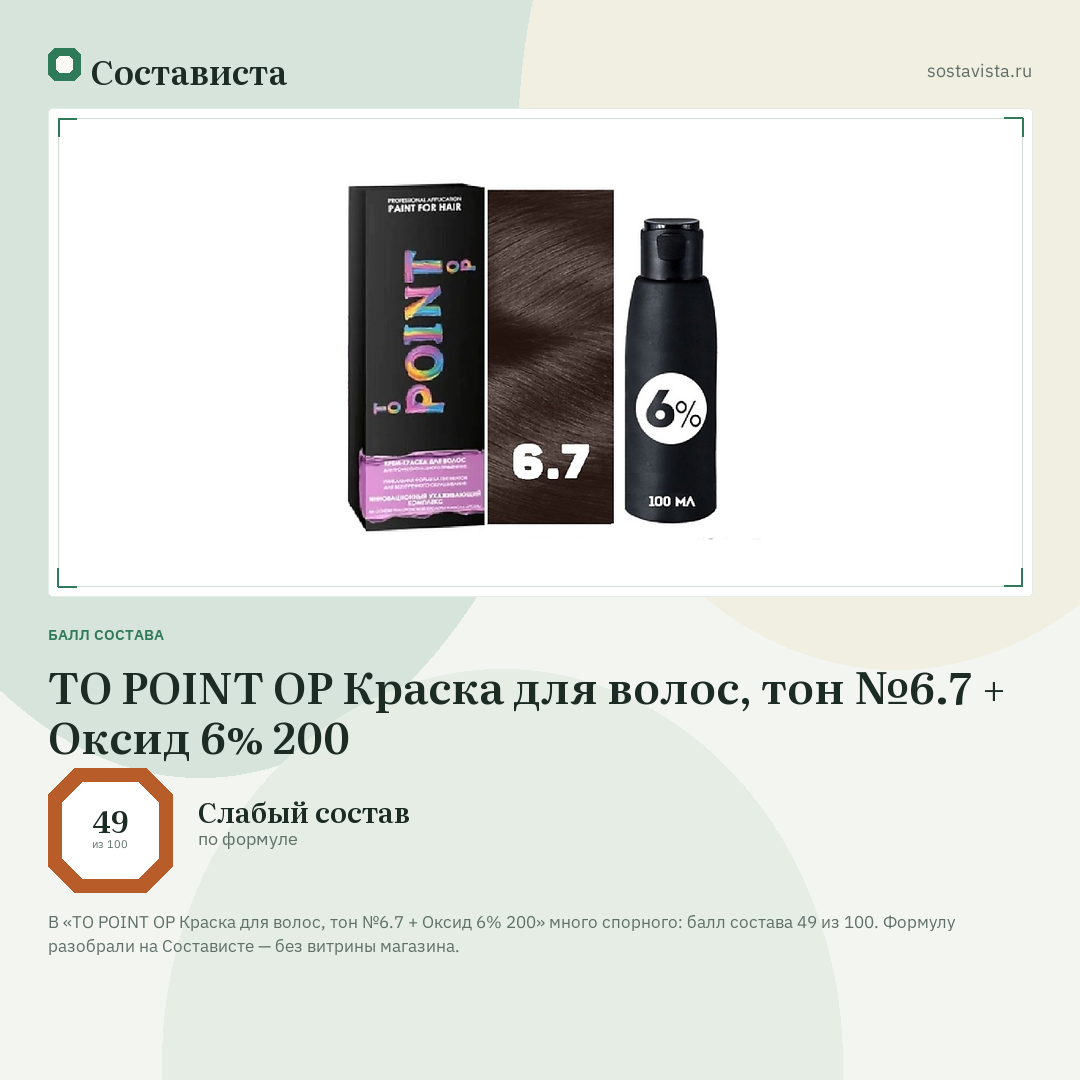 TO POINT OP Краска для волос, тон №6.7 + Оксид 6% 200: балл состава 49 из 100 — Состависта